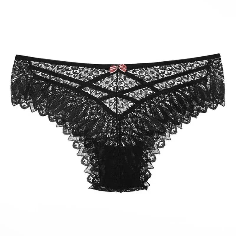 black lace bikini panties with criss cross straps laid flat