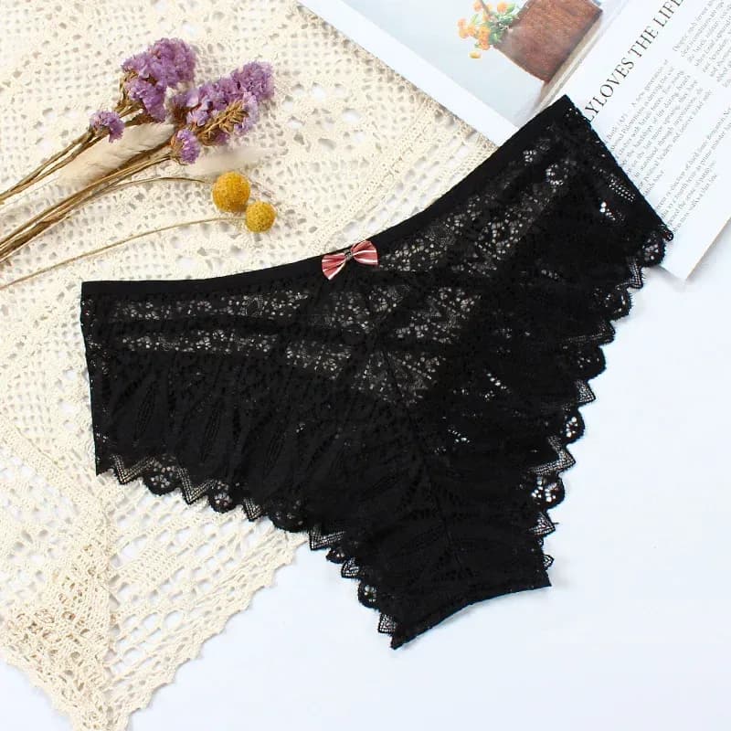 black lace bikini panties laid flat