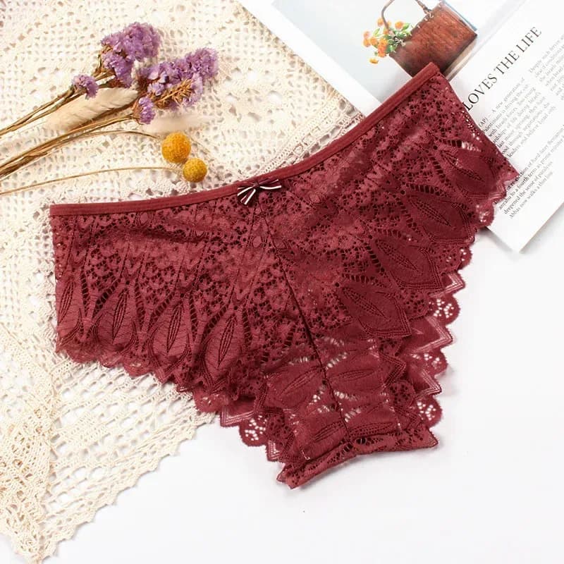 burgundy lace bikini panties laid flat