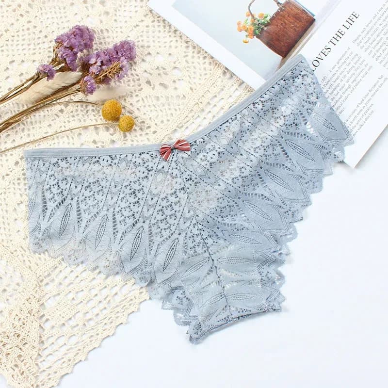 grey blue lace bikini panties laid flat