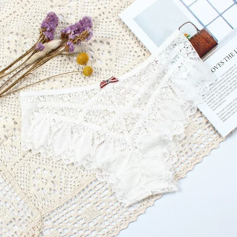 white lace bikini panties laid flat