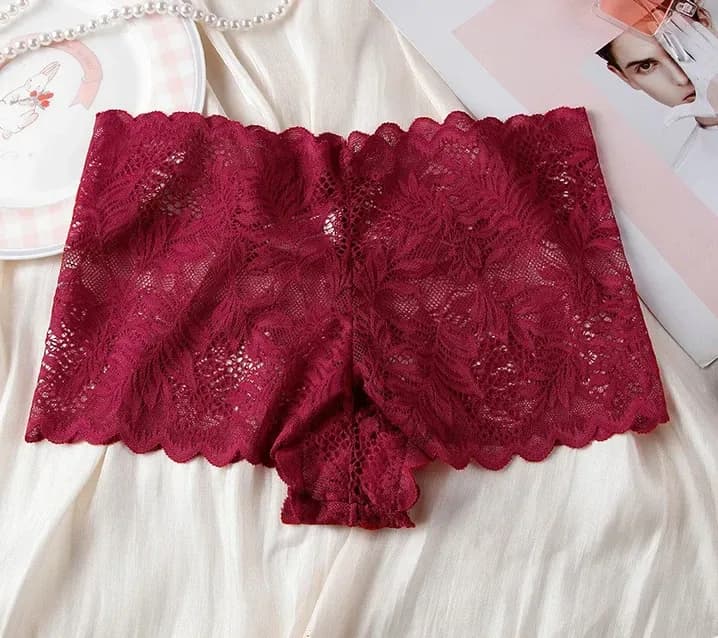 red lace boyshort panties laid flat