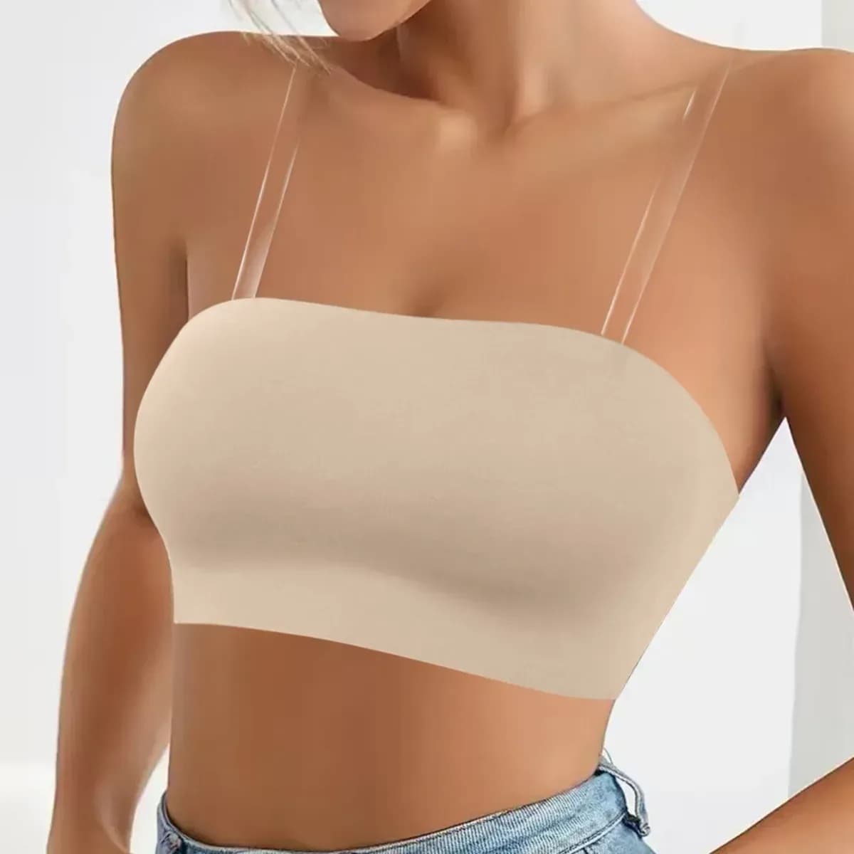 wire-free seamless bandeau bra worn with jeans