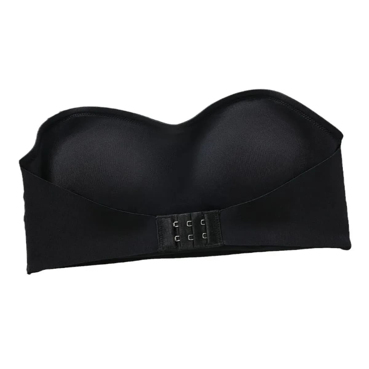 black strapless push-up bra laid flat with front hooks