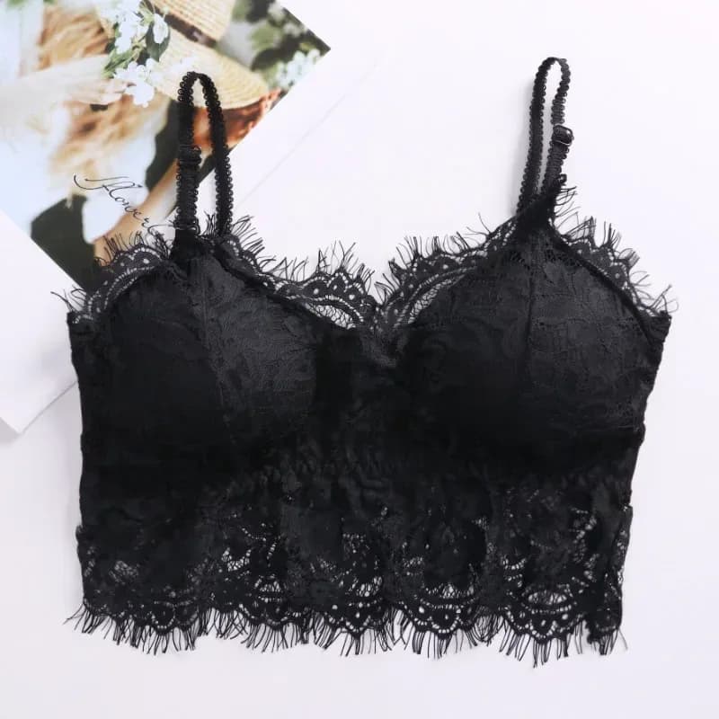 black wire-free lace bralette laid flat