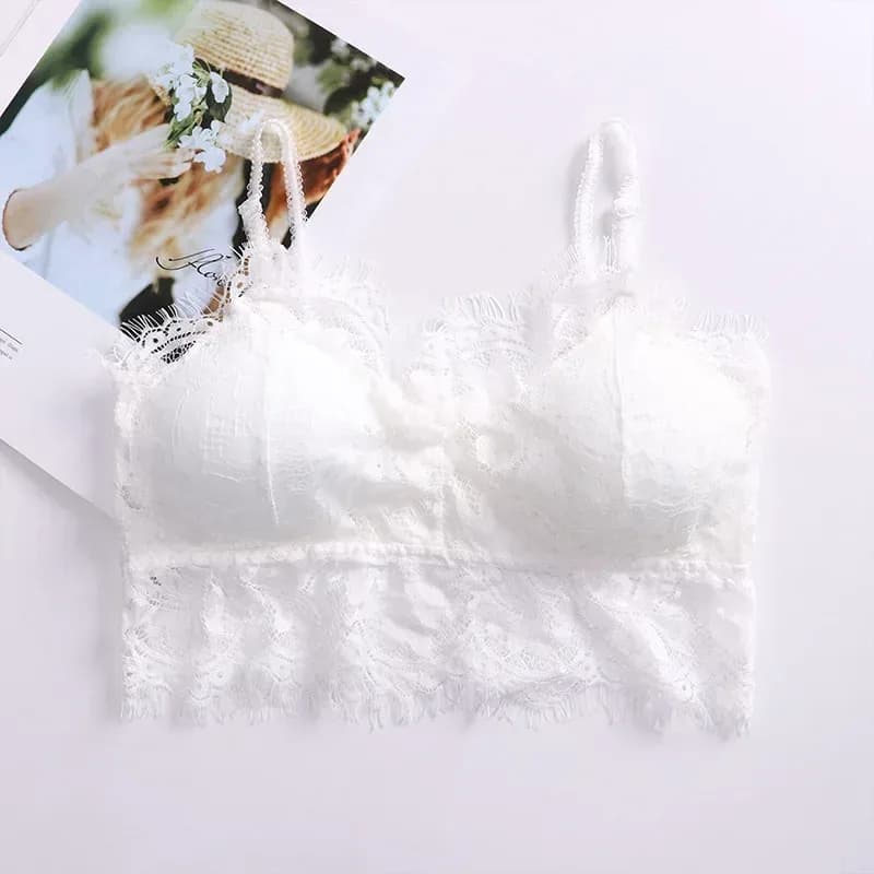 white wire-free lace bralette laid flat