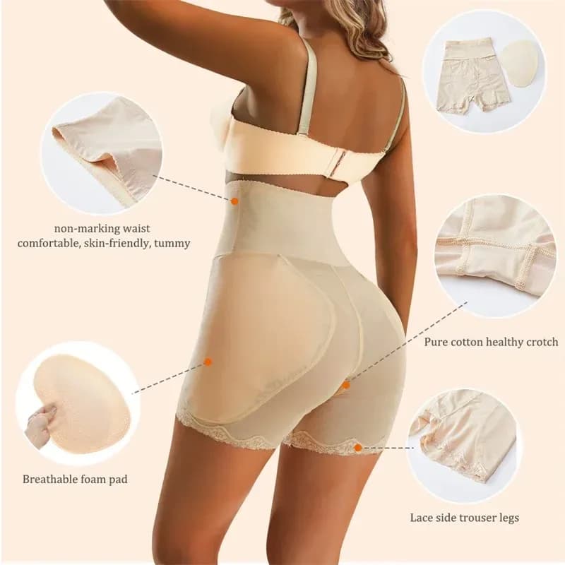 details of the padded shaping shorts: waist, foam pad and lace legs
