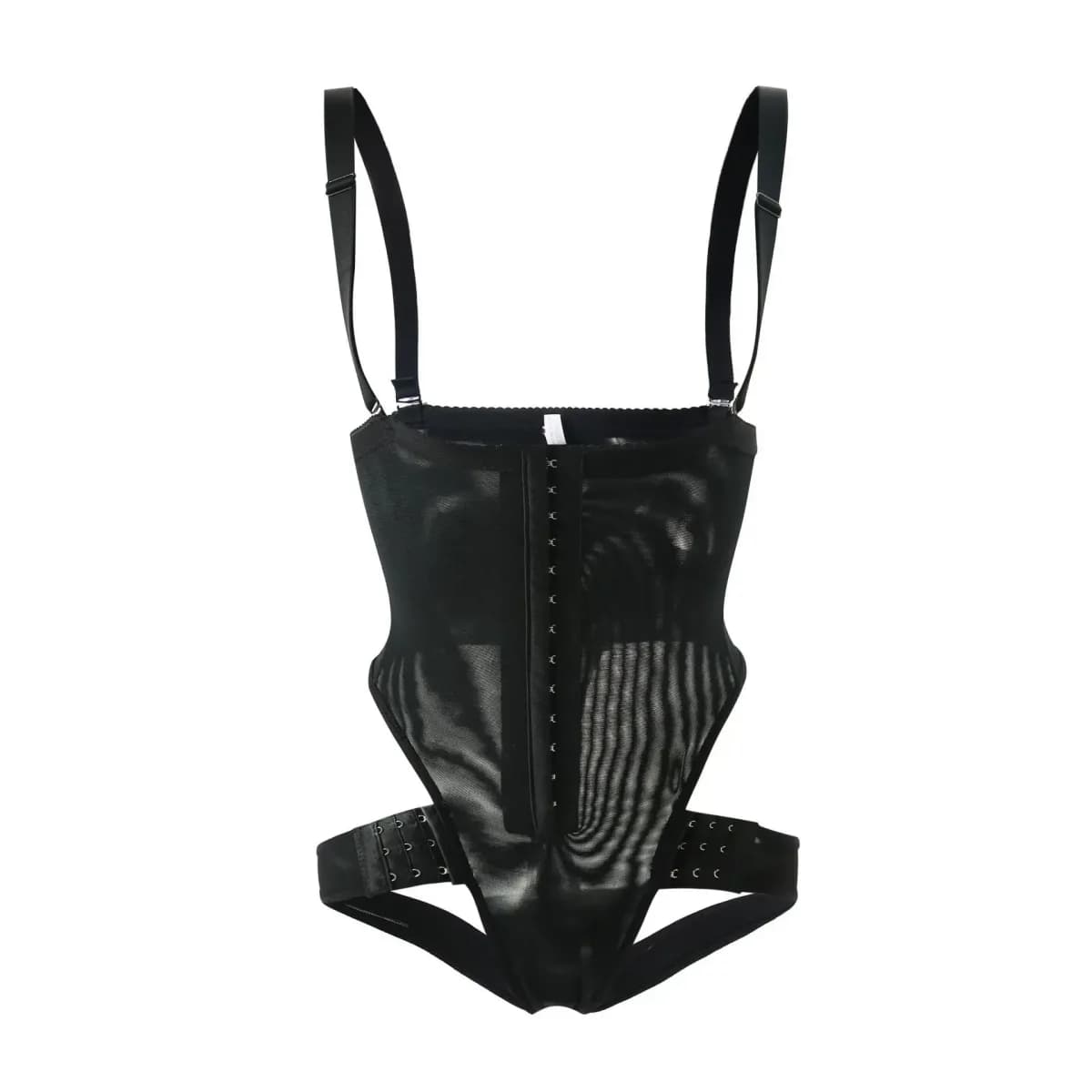 black open bust shaping bodysuit laid flat