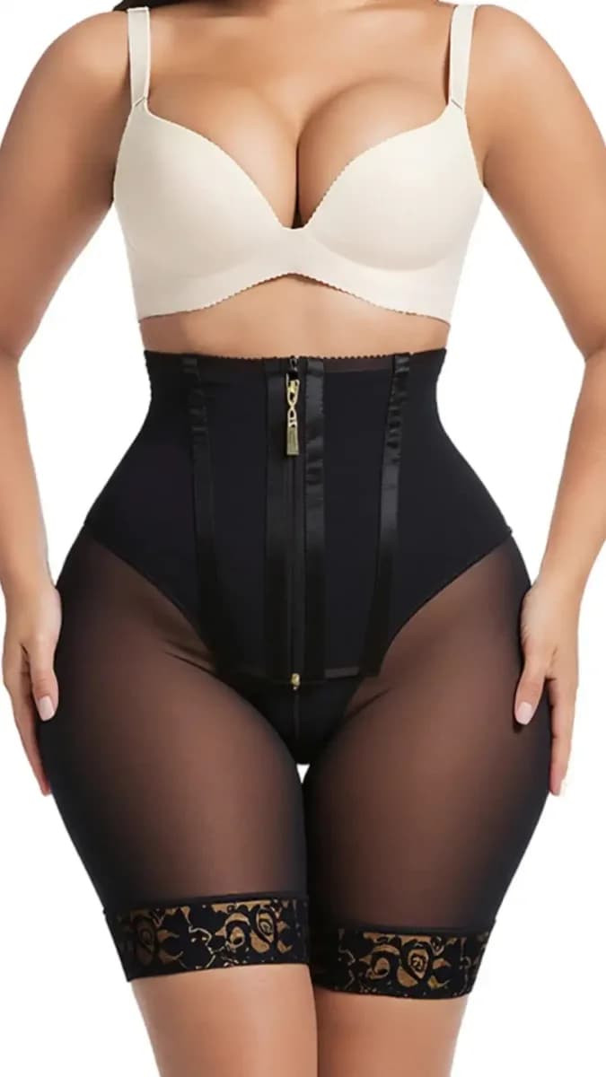 zip front shaping shorts worn with a bra, full front view