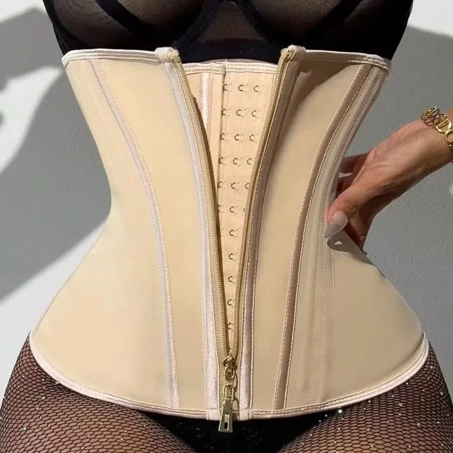 Nude waist cincher with front zip and hook rows