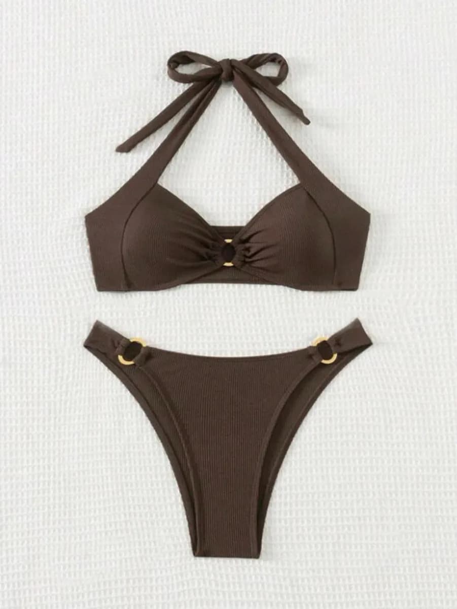 brown ribbed halter bikini laid flat