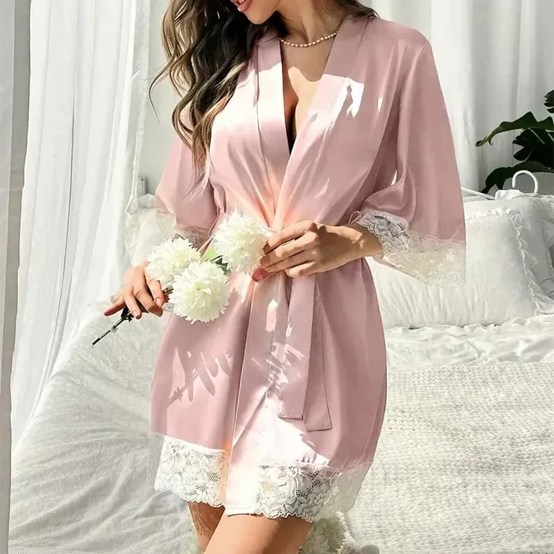 blush pink satin kimono robe worn loose