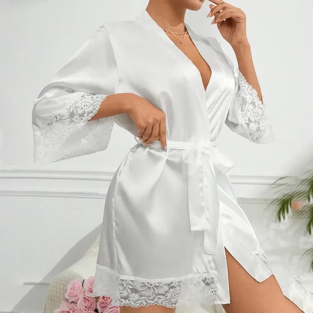 white satin kimono robe with lace trim