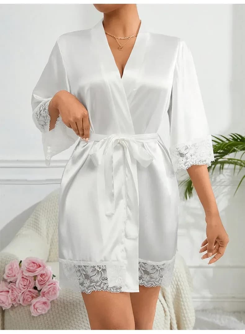 white satin robe with lace hem, front view