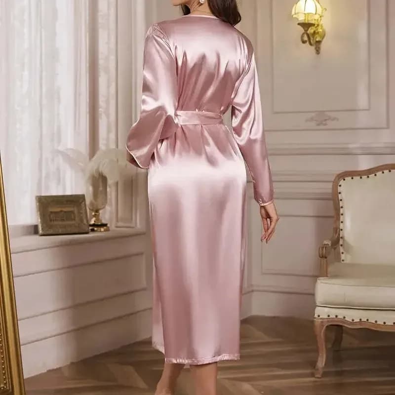 back view of the long satin robe with tie belt