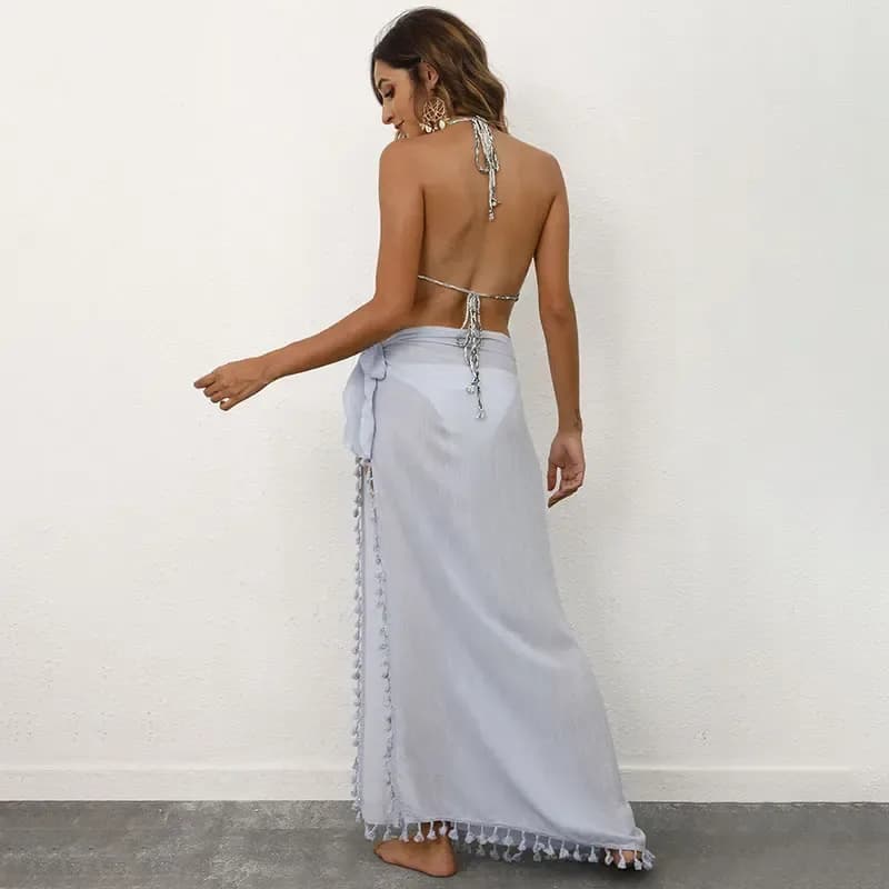 light blue wrap sarong from the back with tassel hem