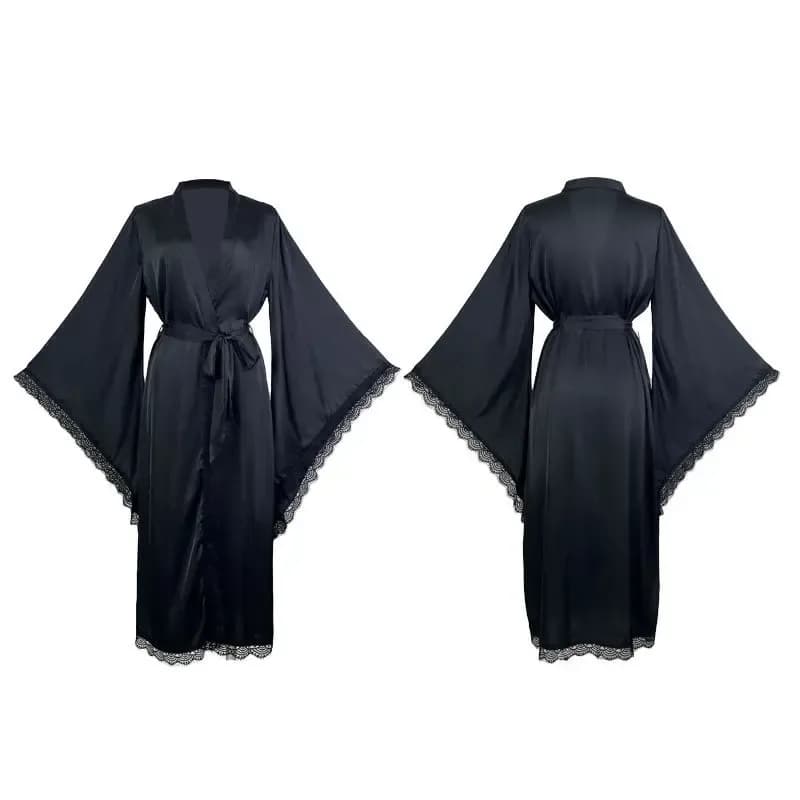 black satin kimono robe laid out, front and back