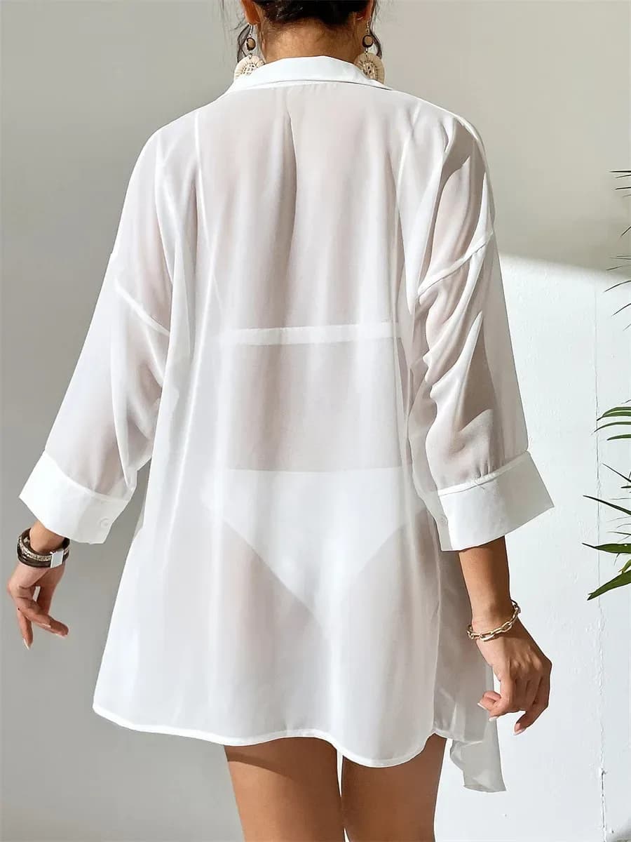 back view of the white chiffon shirt cover up