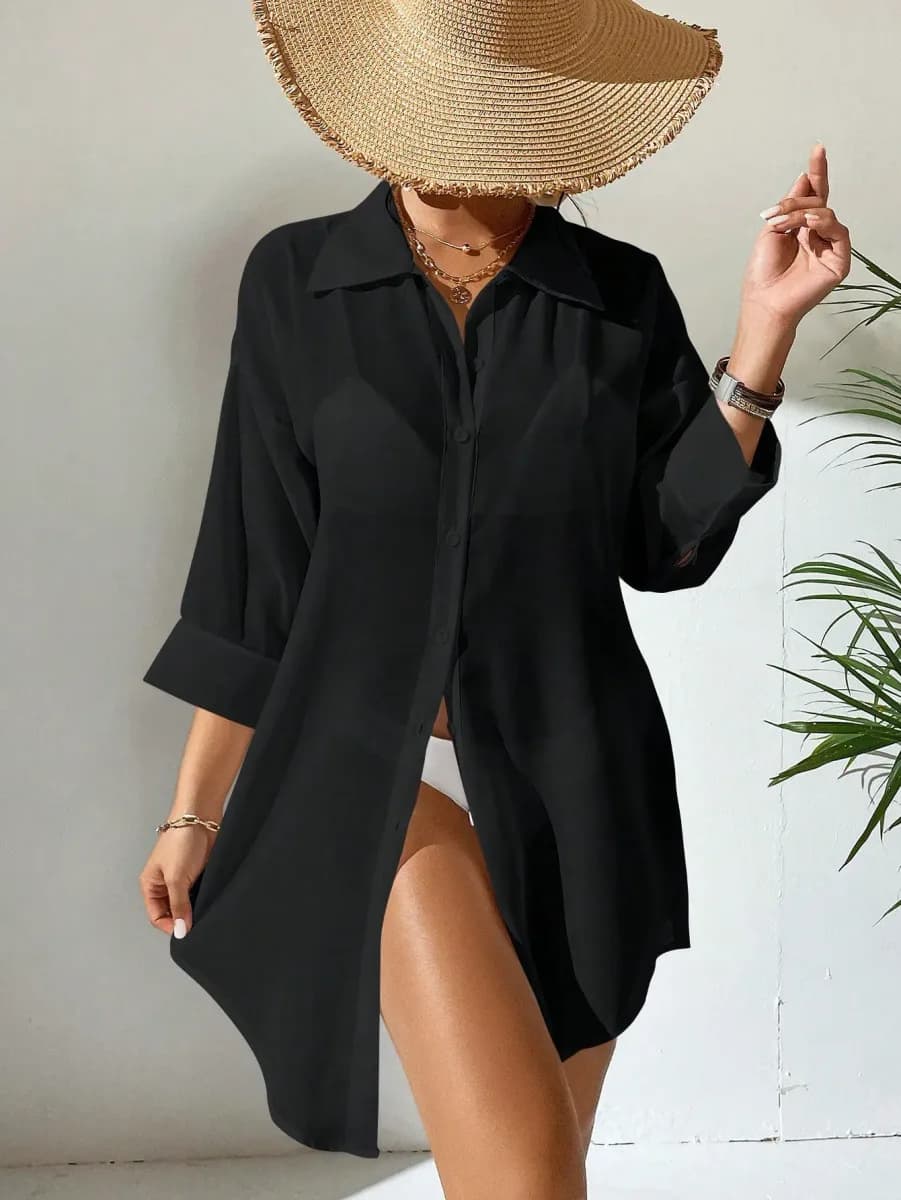 sheer chiffon shirt cover up in black