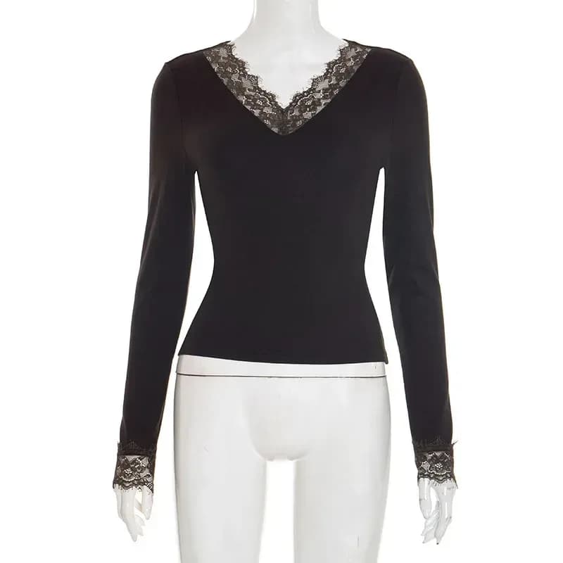 lace trim V neck top in brown