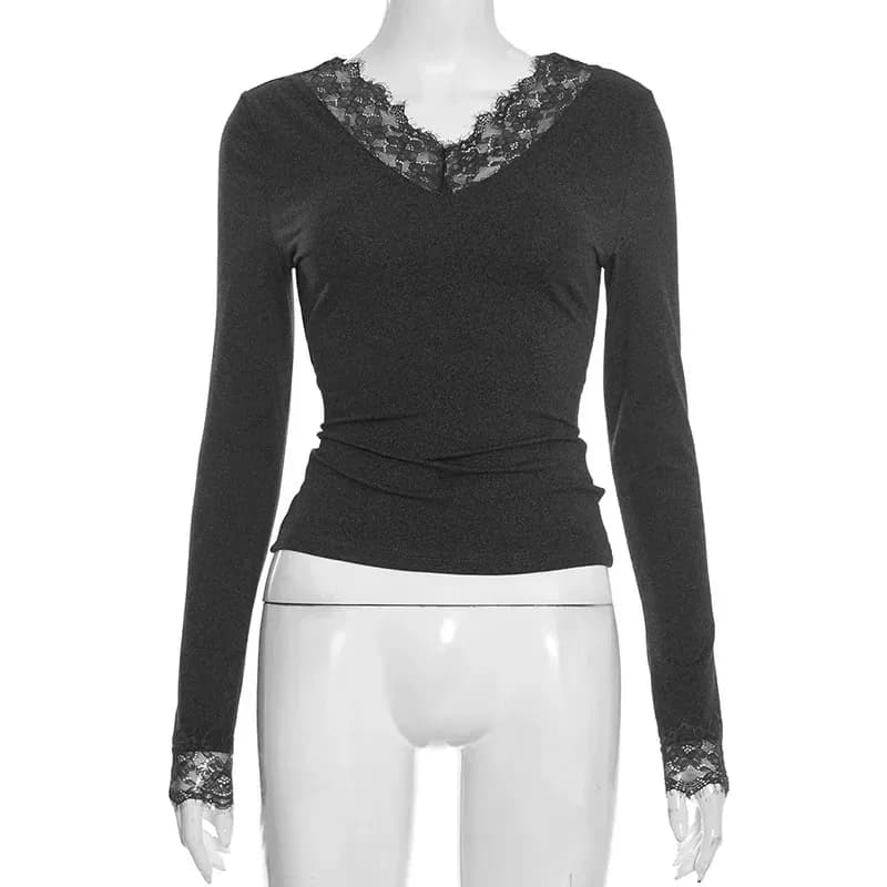 lace trim V neck top in slate grey