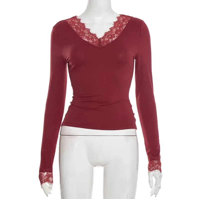 lace trim V neck top in wine red