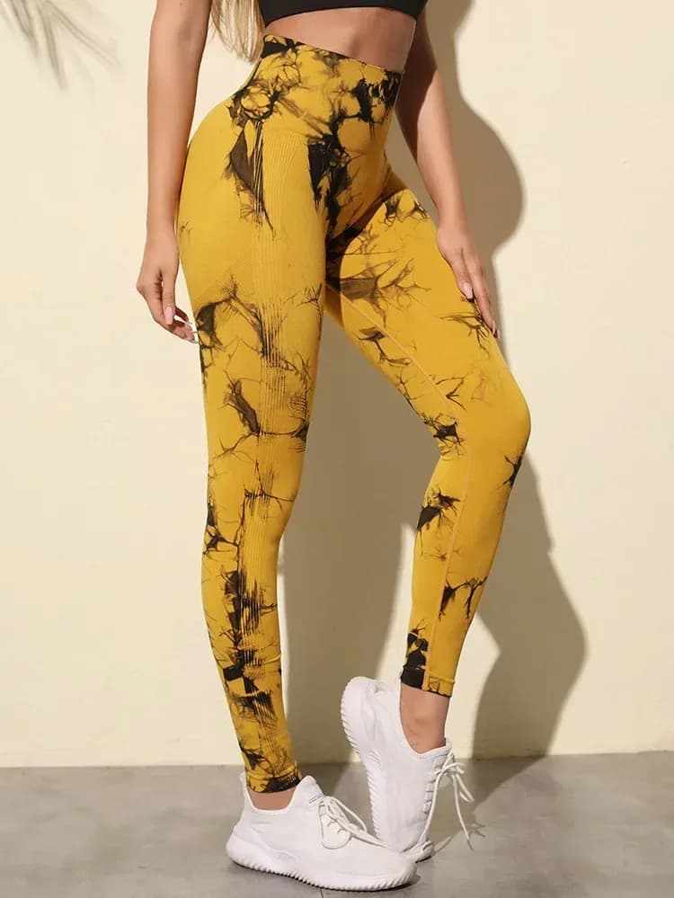 tie dye high waist seamless scrunch leggings in mustard