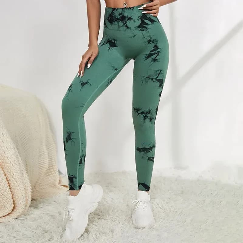 marble print high waist scrunch leggings in dark green