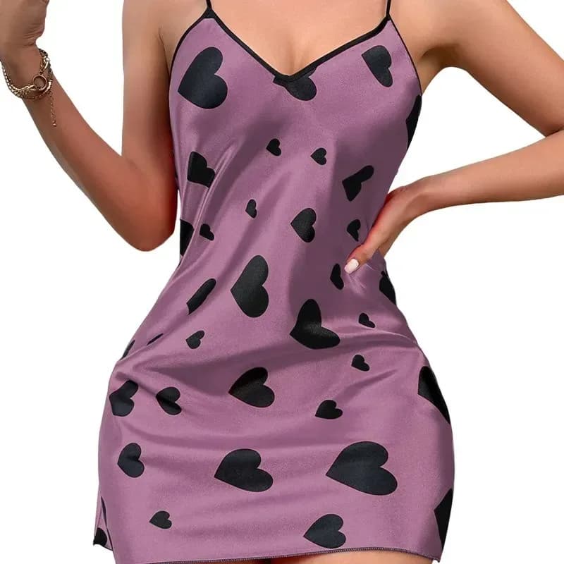 mauve satin slip dress with black heart print