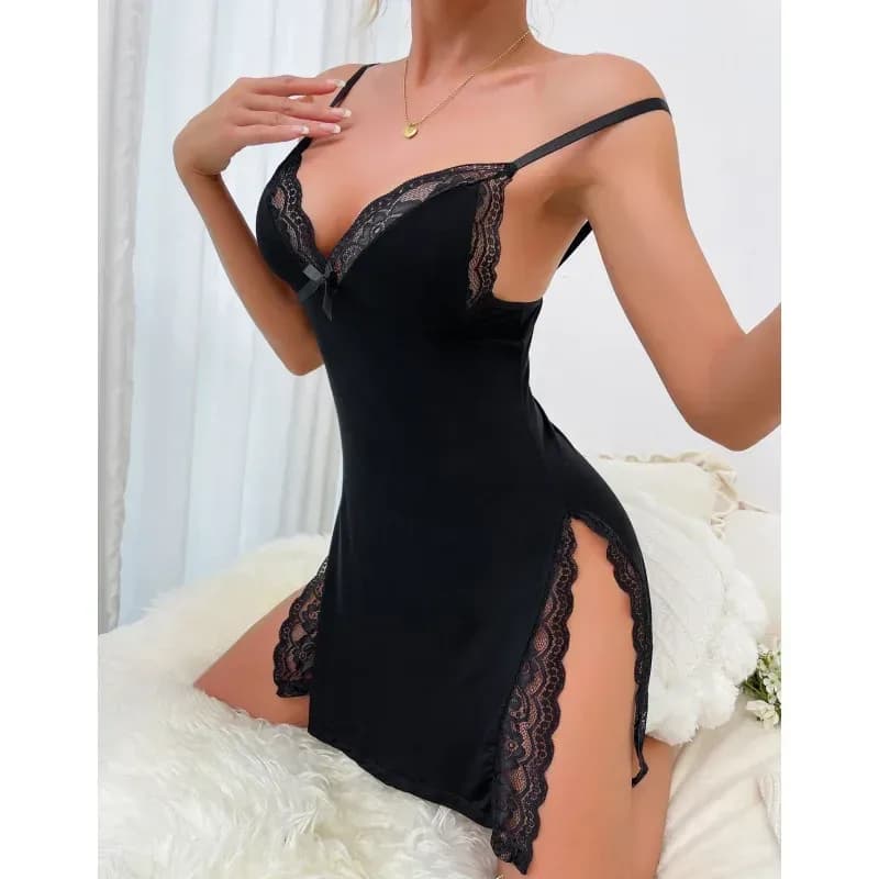 lace trim knit lounge dress in black