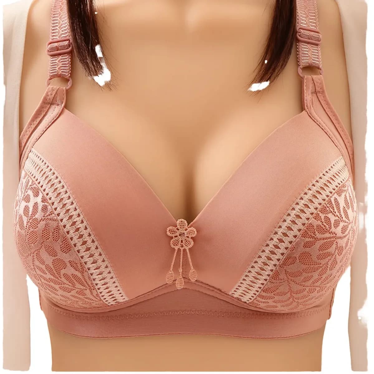 plus size lace push-up bra in pink on a form, front view