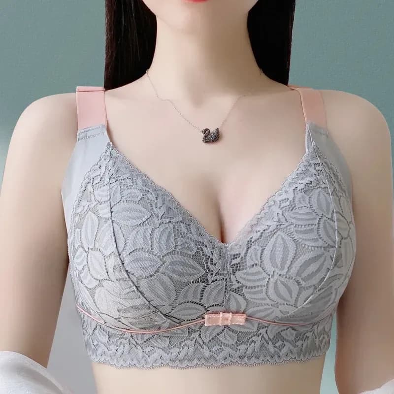 plus size floral lace wireless bra worn, front view