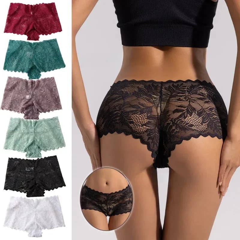 black low rise lace boyshort panties on a model, back view, with color range