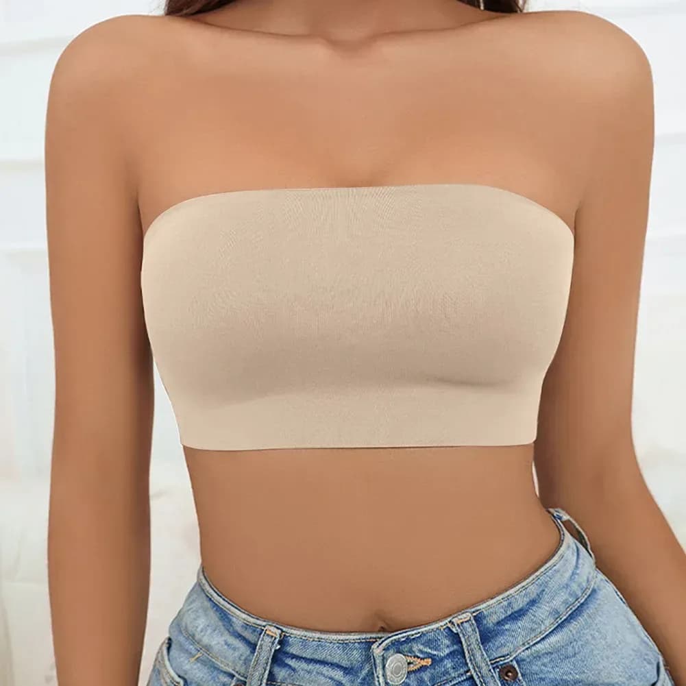 seamless strapless bandeau bra in nude, front view
