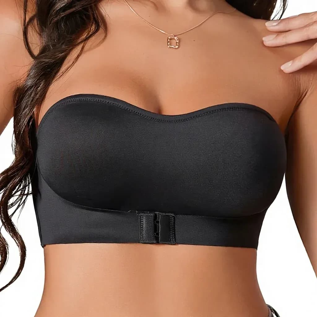strapless front closure push-up bra in black, front view