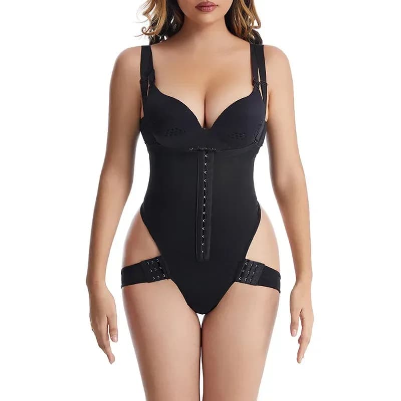 open bust butt lifting shaping bodysuit in black, front view