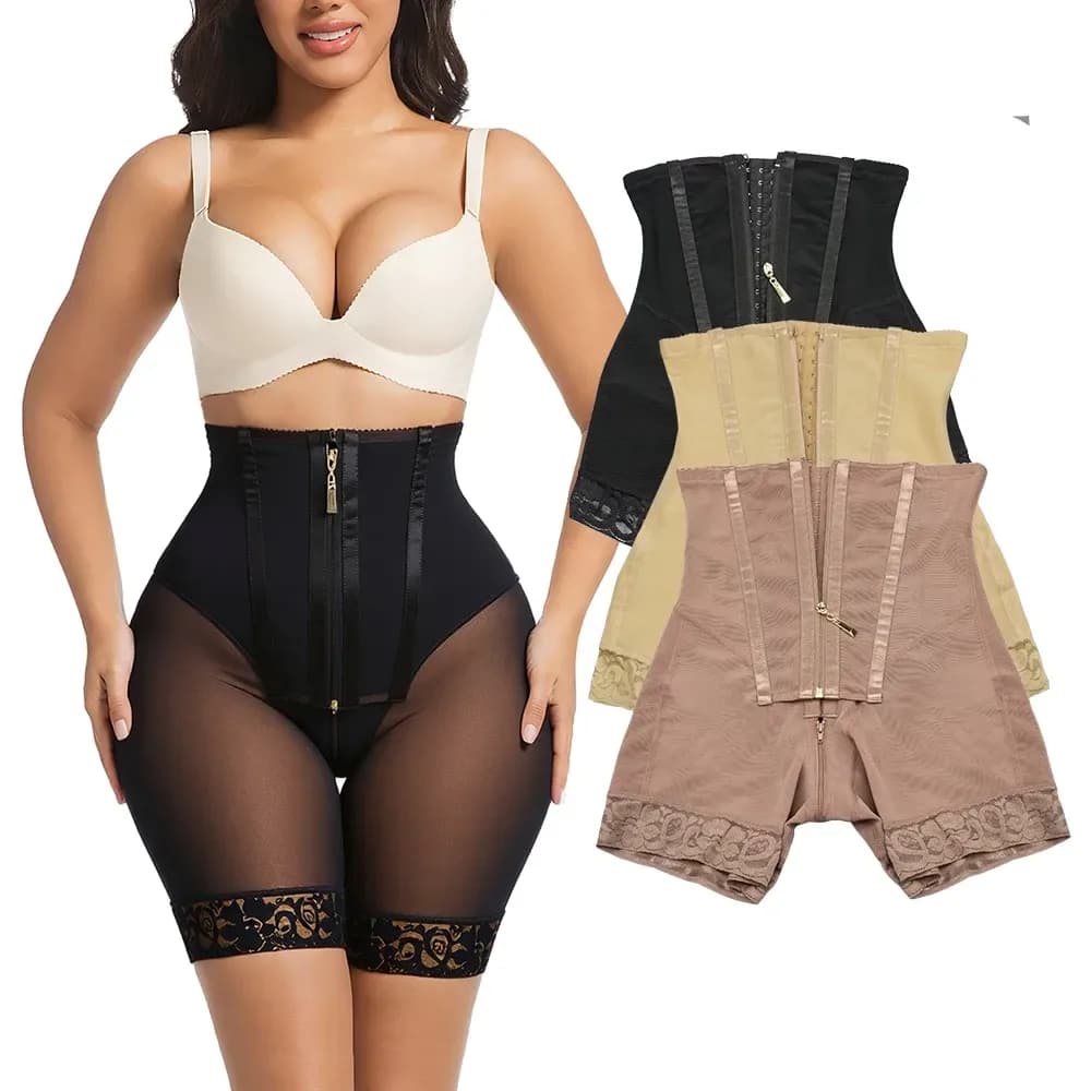 zip front high waist shaping shorts worn in black, with beige and brown