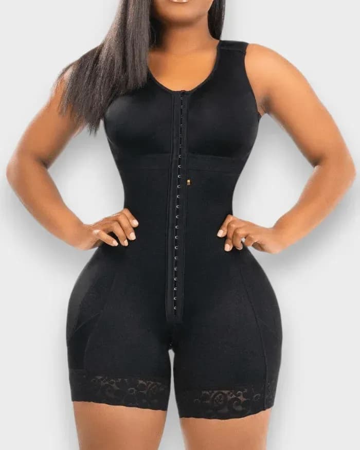 Full body shaping bodysuit in black with built-in bra and lace trim legs