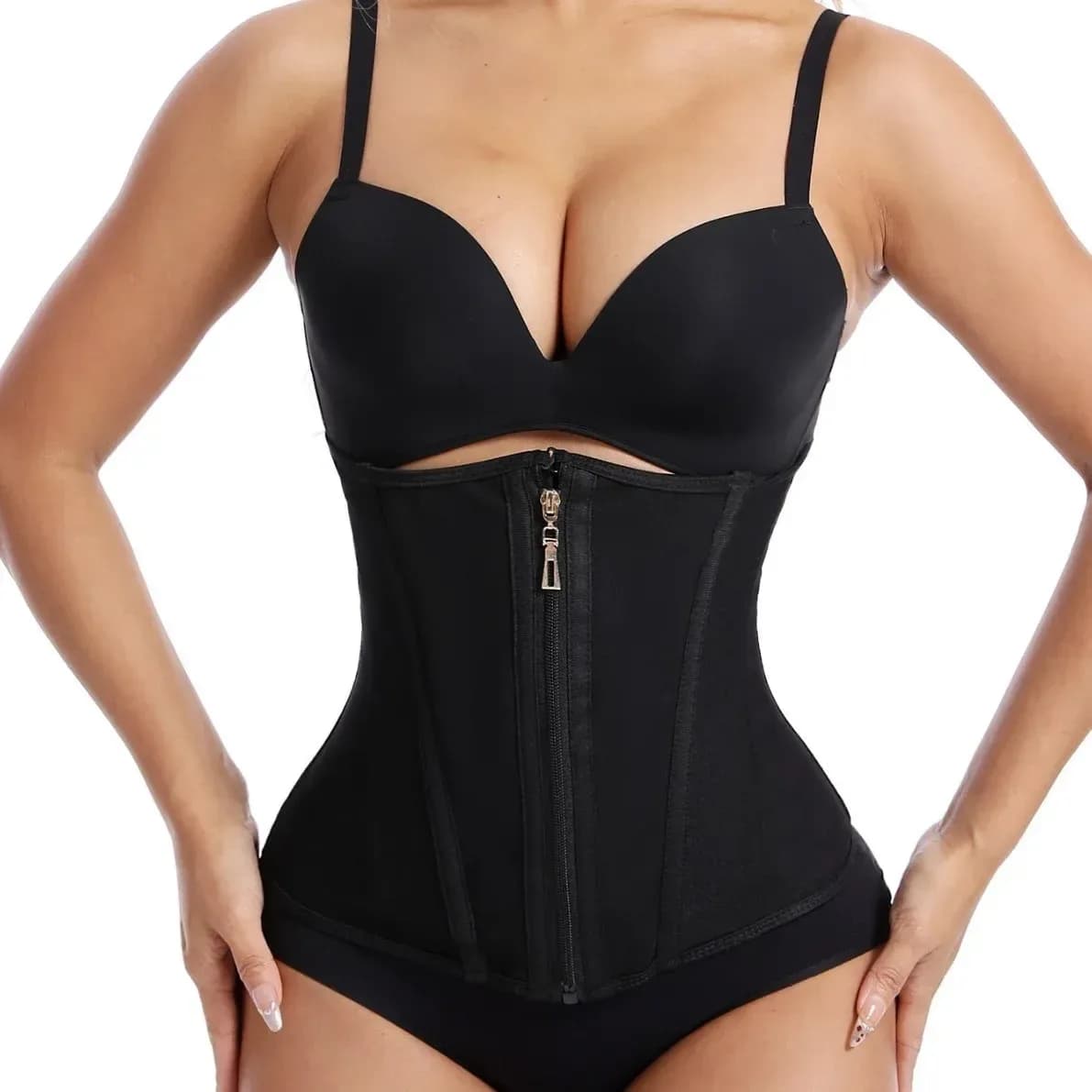 Waist cincher with front zip in black mesh worn with a black bra