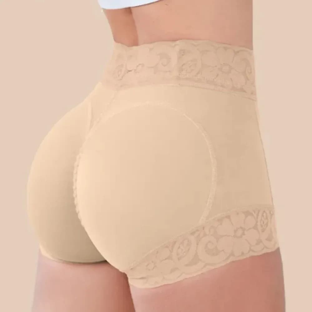 Beige lace trim high waist butt lifting shaper shorts