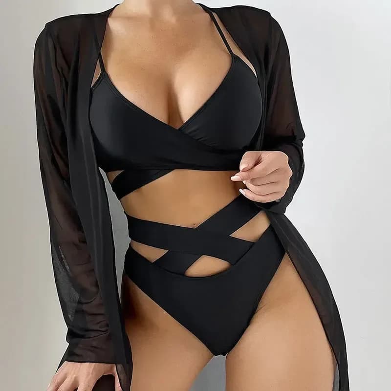 black crisscross high waisted bikini with sheer mesh kimono