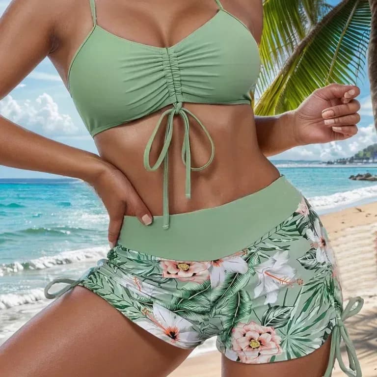 drawstring bikini with high waisted swim shorts in sage green floral