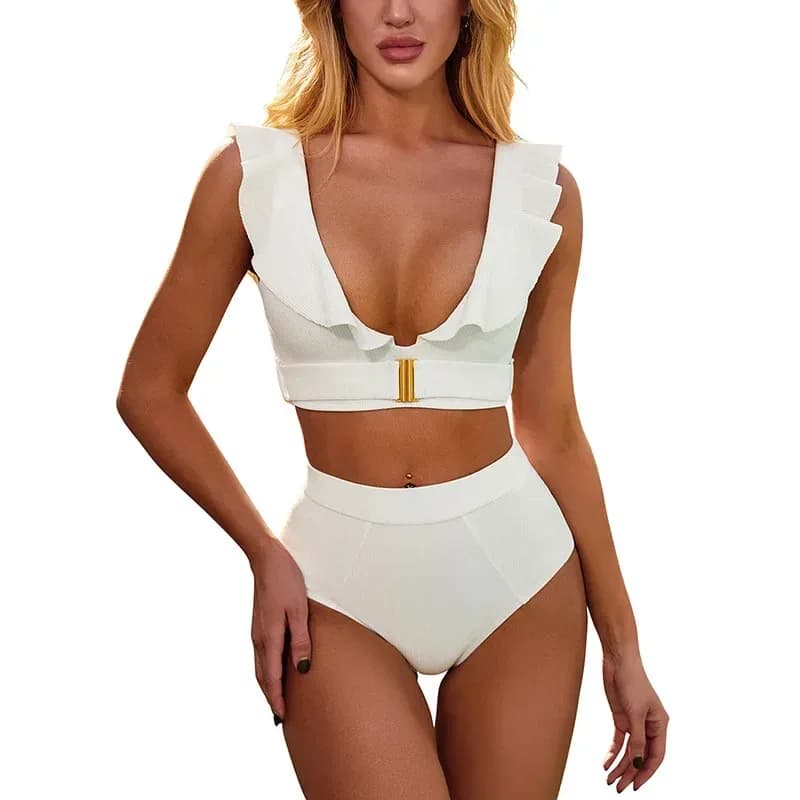 white ruffle deep V high waisted bikini with gold buckle