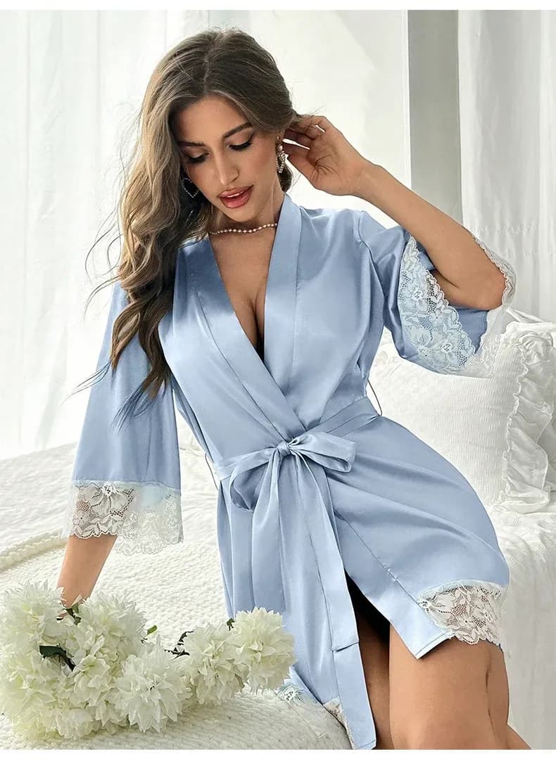 short satin kimono robe with lace trim in sky blue