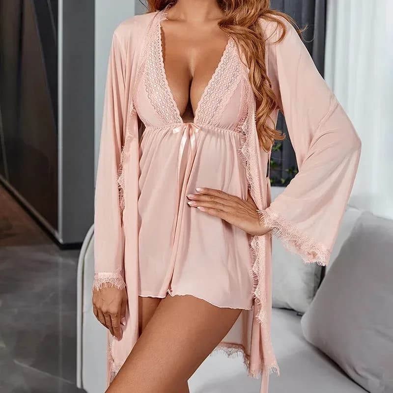 sheer mesh robe and lace babydoll set in blush pink