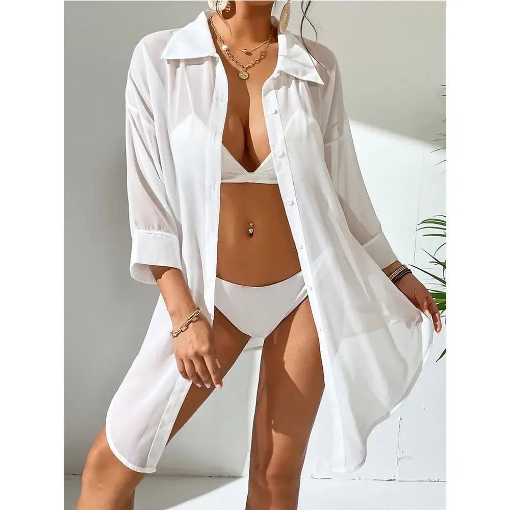 white sheer chiffon shirt cover up worn open over a bikini