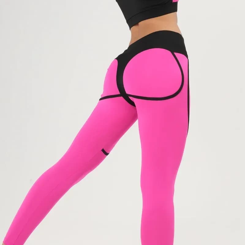 rose pink two tone high waist leggings with black trim, side view